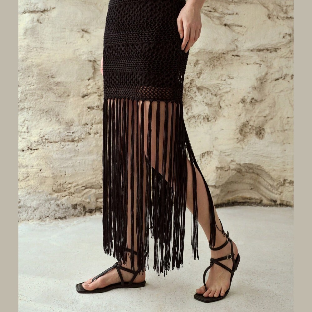 Black Crochet Fringe Maxi Skirt